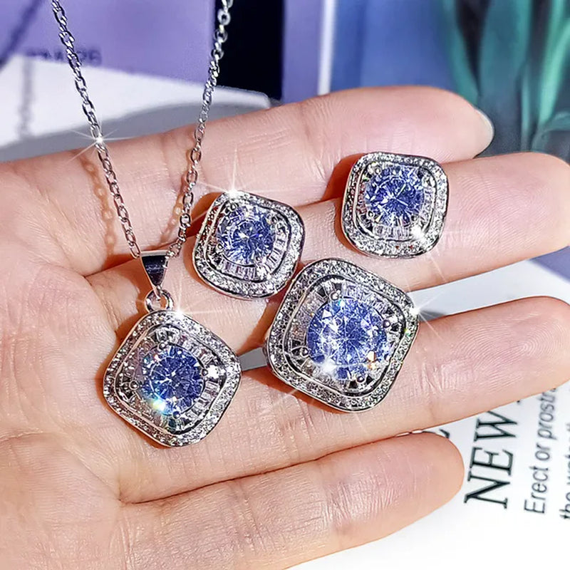 Sparkling Geometric Zircon Jewelry Ring Earring Necklace Three-Piece Set