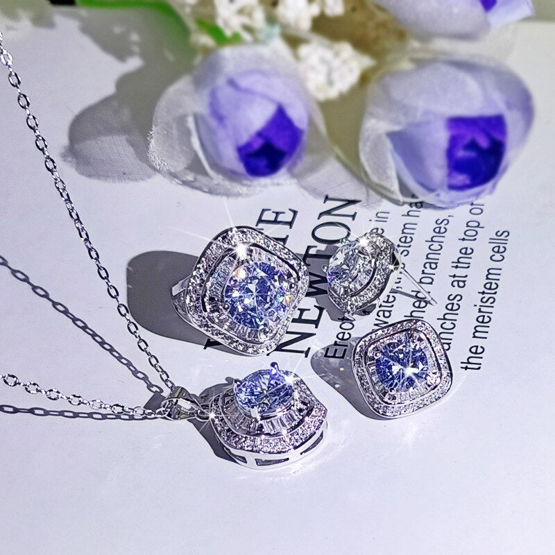 Sparkling Geometric Zircon Jewelry Ring Earring Necklace Three-Piece Set