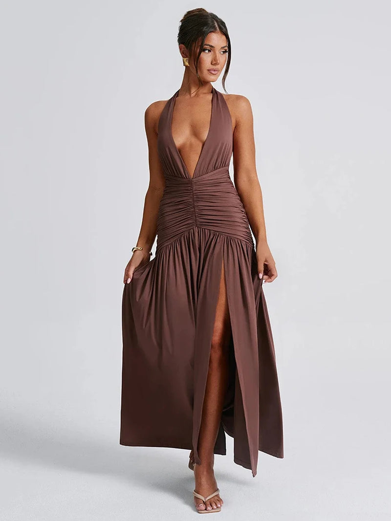 Halter Deep V Neck Backless Maxi Dress for Women Solid Sleeveless Thigh High Split Sexy Long Dress 